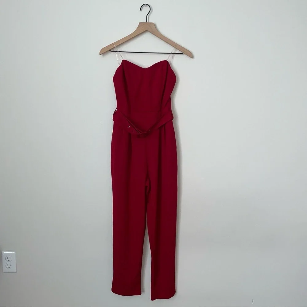 Red Strapless Jumpsuit with Belt‎ and Pockets - Picture 4 of 9